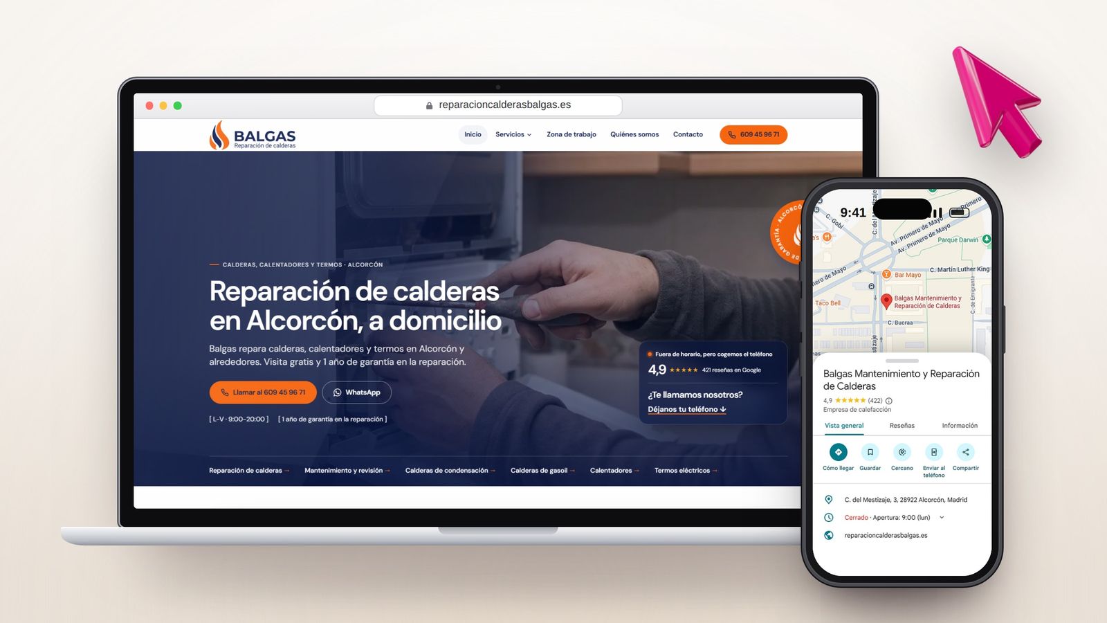 Web de Balgas, reparación de calderas en Alcorcón, en un portátil y en el móvil