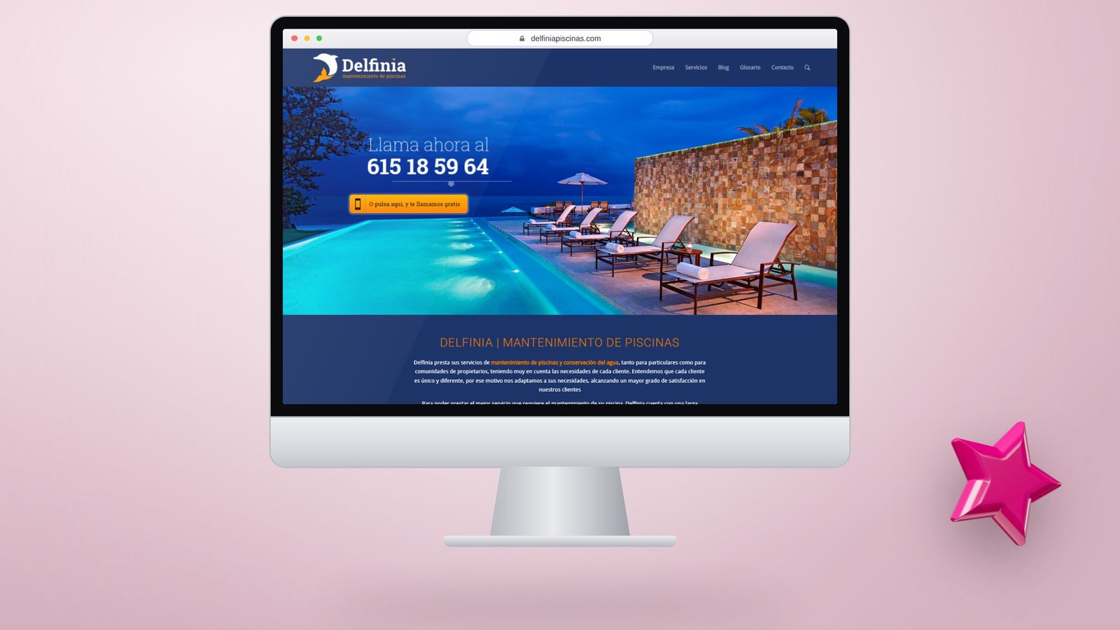 Web de Delfinia Piscinas en un ordenador de sobremesa