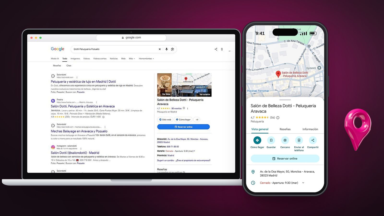 Ficha de Google de Dotti Peluquería: la búsqueda en un portátil y el mapa con la ficha en el móvil