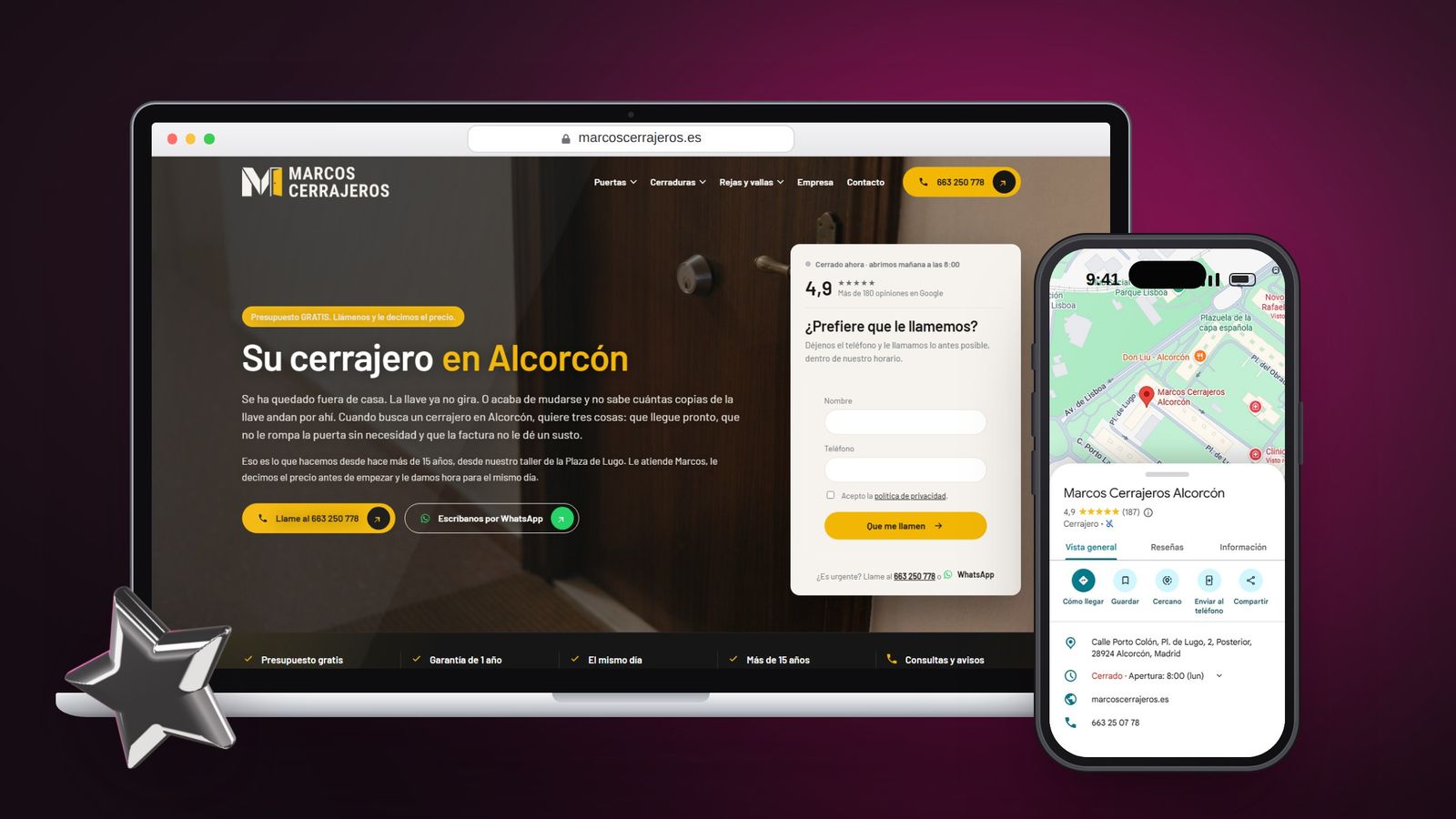 Web de Marcos Cerrajeros, cerrajero en Alcorcón, en un portátil y en el móvil