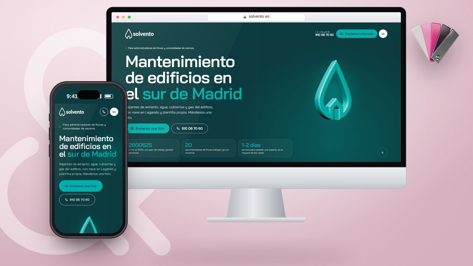 Web de Solvento en un ordenador de sobremesa y en el móvil