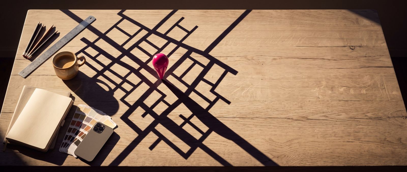 Mesa de madera al atardecer: las sombras de lápices y reglas dibujan un plano de calles con una chincheta fucsia