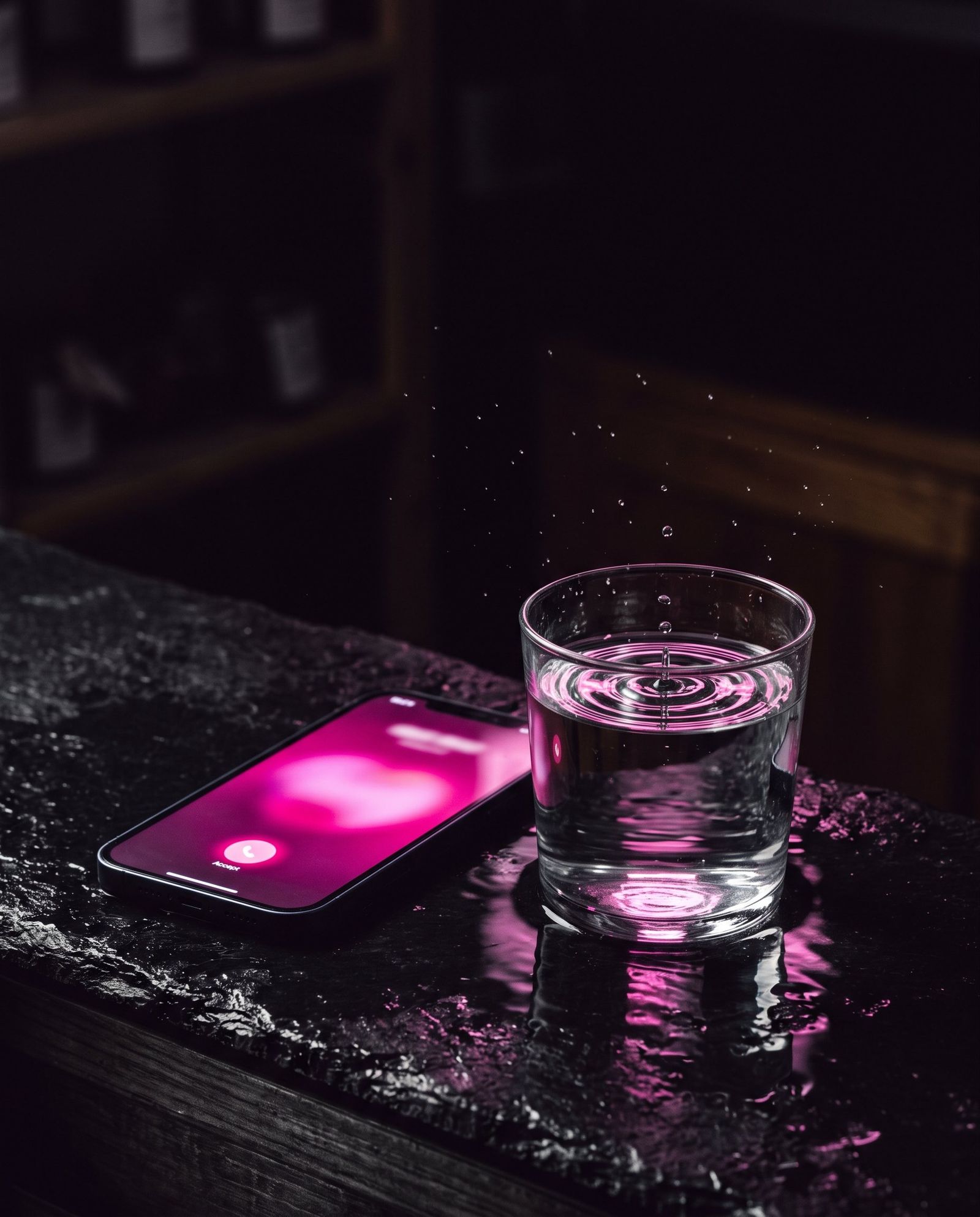 Móvil con la pantalla encendida junto a un vaso de agua con ondas, sobre una barra oscura